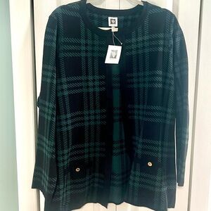 Anne Klein Black and Green Checkered Cardigan Sweater